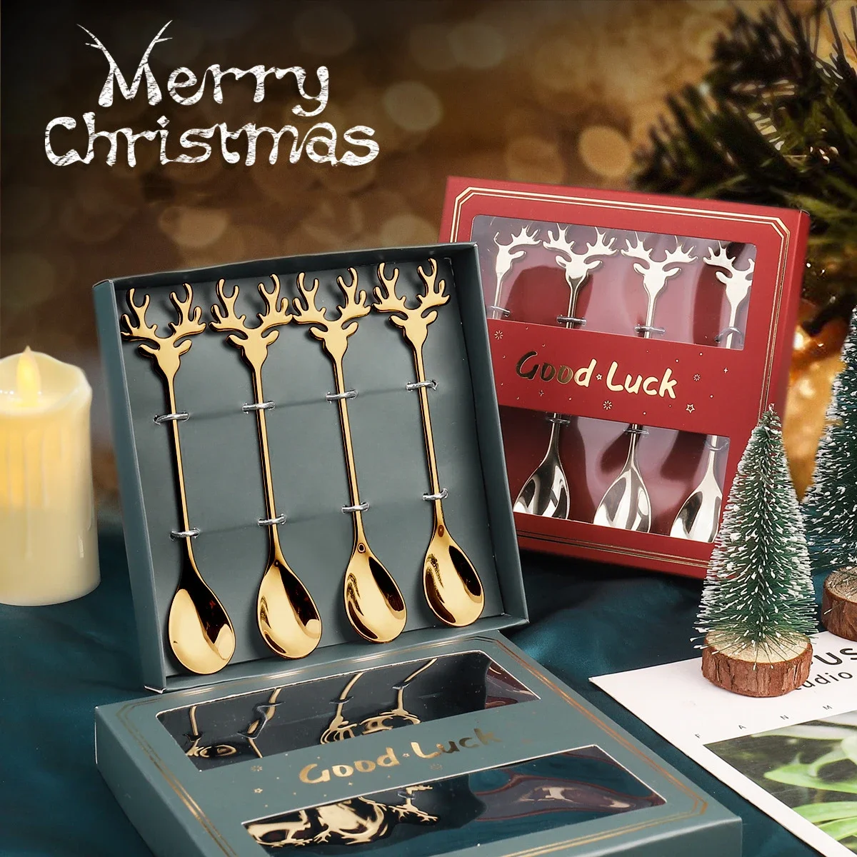 Juego De 8 Cucharas Navideñas Doradas De Acero Inoxidable - Con Motivos Festivos, 12.5cm, Ideal Para Postres Y Decoración