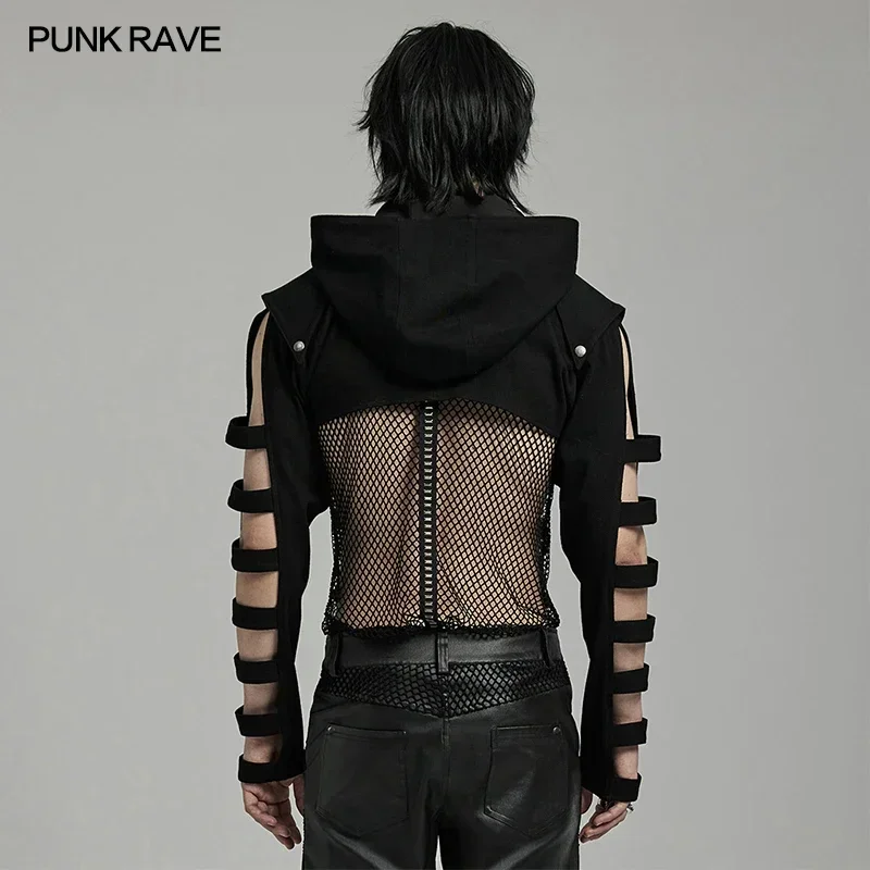 PUNK RAVE Men's Punk Sleeves Are Hollow Loop Straps Short Coat Handsome Cool Stand Up Collar Casual Mens Jacket Autumn 3