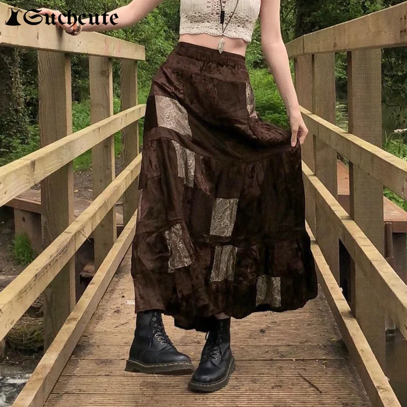 

SUCHCUTE Gothic Patchwork Velvet Maxi Skirt Women Dark Academia High Waist Skirts Grunge Basic Casual Ladies Streetwear Outfits