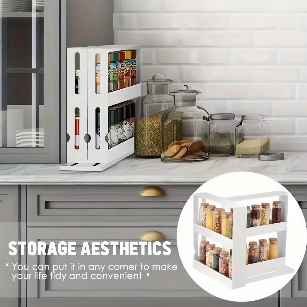 Extendable Spice Rack 2-Tier 360-Degree Rotating Organizer Adjustable for Kitchen Cabinet Countertop Seasoning Storage Shelves