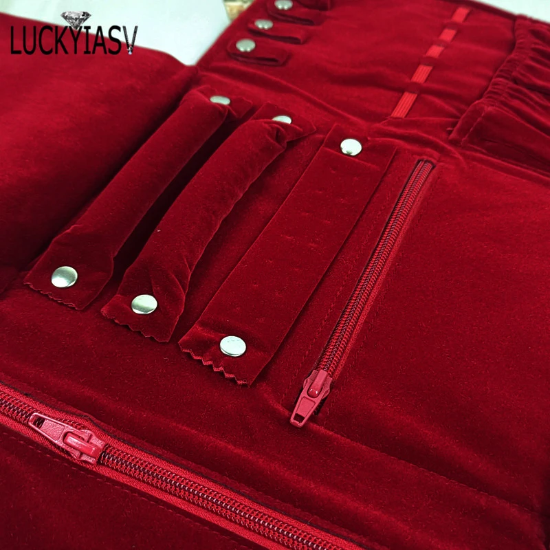 Burgundy Portable Travel Jewelry Organizer Roll Foldable Jewelry Case for Journey-Rings Necklaces Jewerly Storage Velvet Bag