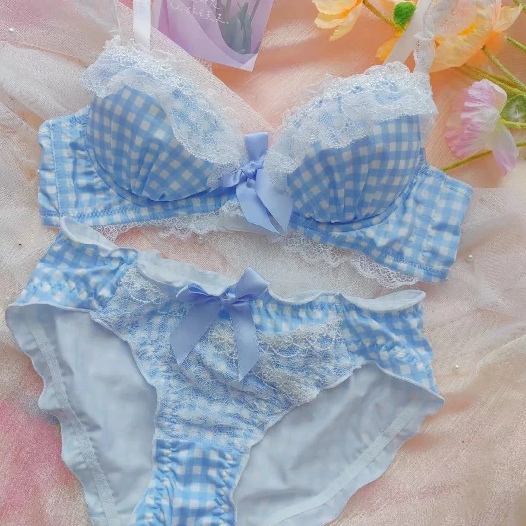 

Japanese bra and panty set teenage girls without steel ring lingerie set sexy plaid lace sweet cotton cup bra underwear female