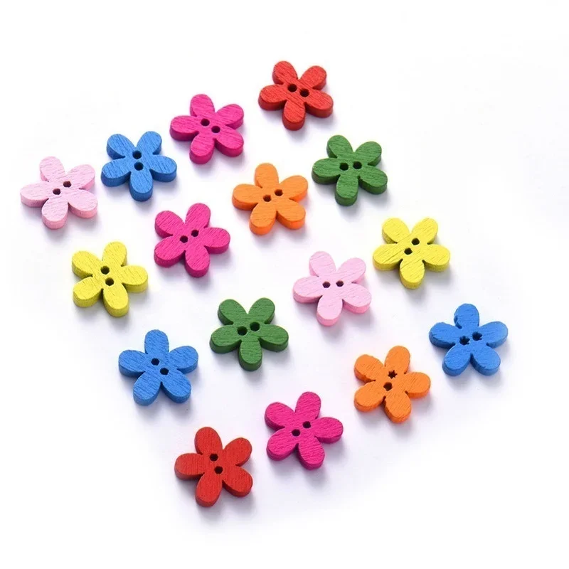 100pcs 14x15mm 2-hole Mixed Flower Wooden Decorative Buttons Suitable for Sewing Clip Arts and Crafts Multicolor 5
