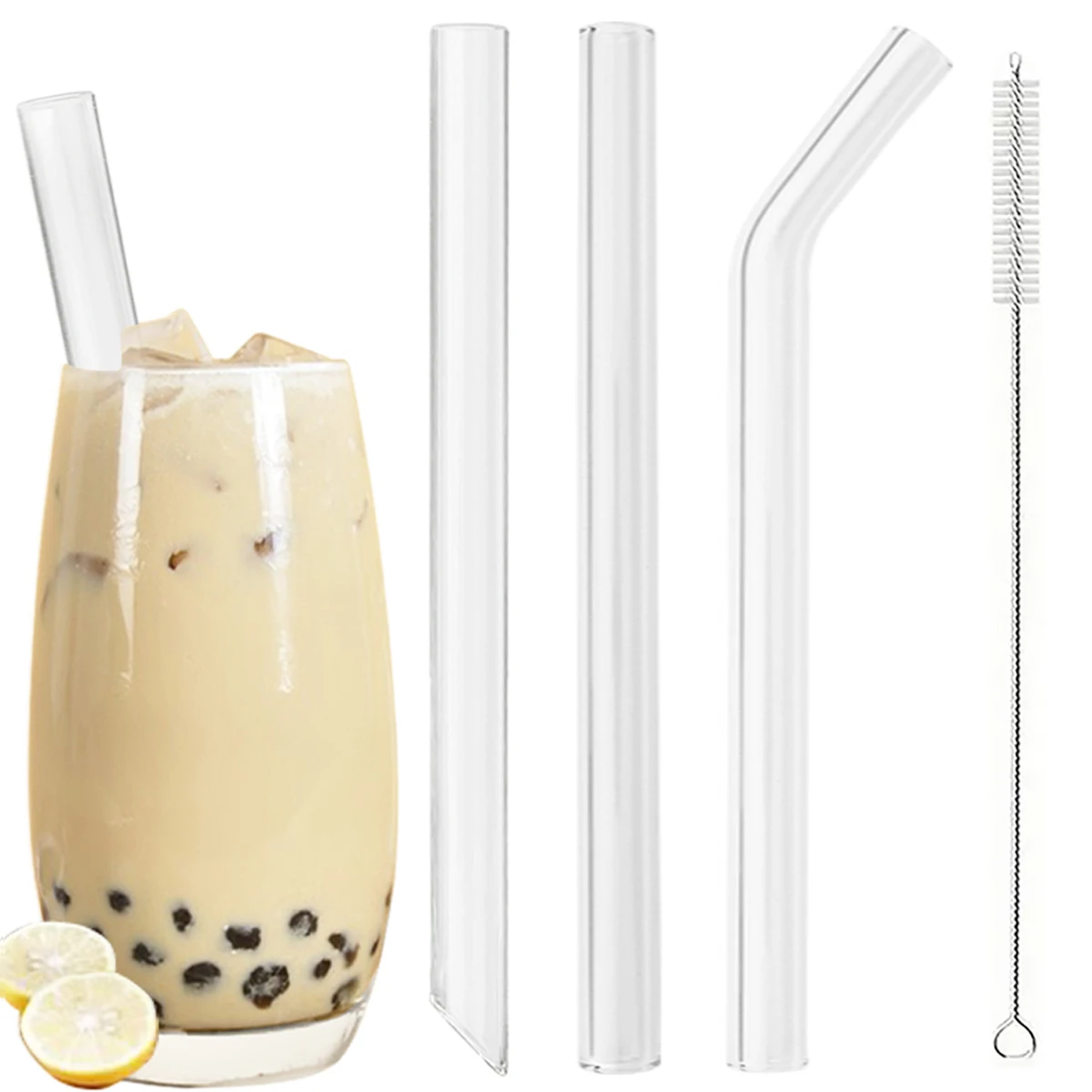 3pcs 14*200mm High Borosilicate Glass Straws Reusable Drinking Straw Set with Brush for Smoothies Bubble Tea Bar Accessories