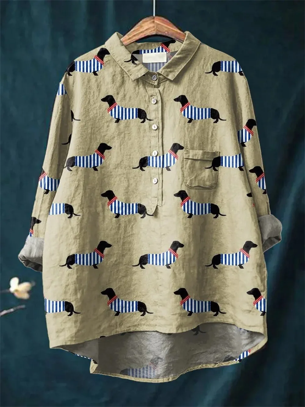 Women casual loose long sleeve tunic shirts in khaki, cream, and olive green colors featuring all over prints of cute cartoon dogs