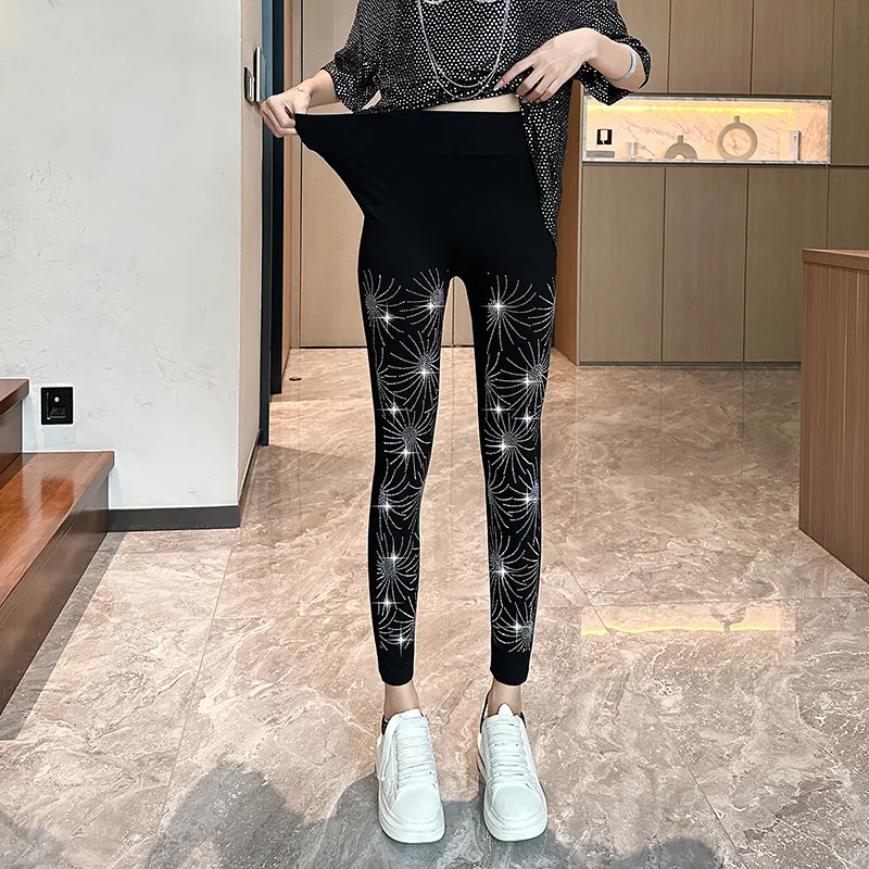 All Season Women Black Silver Sequin Leggings Plus Size High Waist Black Skinny Trousers Pants