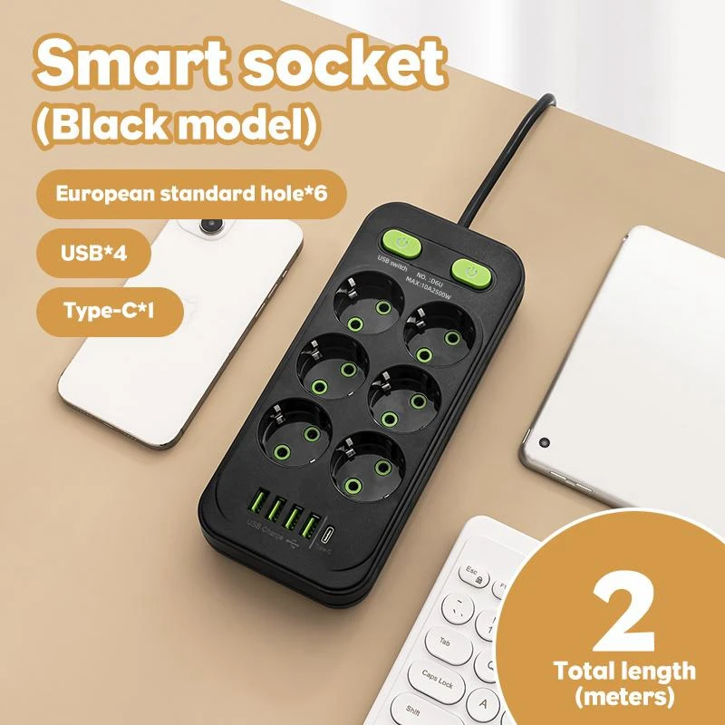 Power Strip EU Plug AC Outlets Multitap Socket 2M Extension Cord Electrical Power Strip With USB Type C Fast Charging Network Filter Adapter