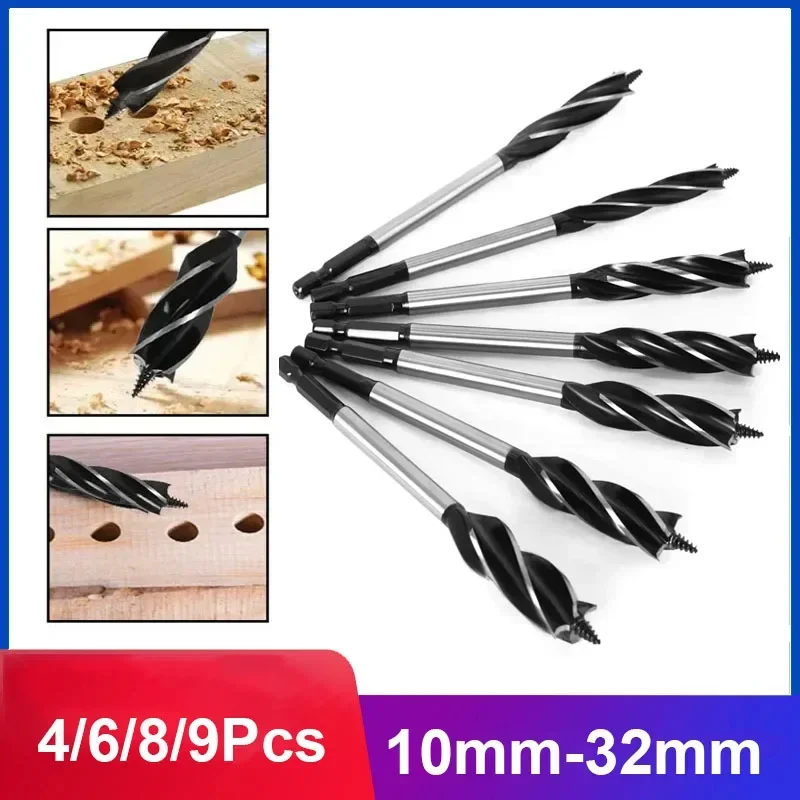 

4/6/8/9Pcs 10mm-32mm High Speed Steel Twist Auger Drill Bits Four-Slot Woodworking Tools Hole Opener Drill Hole Drilling Tools