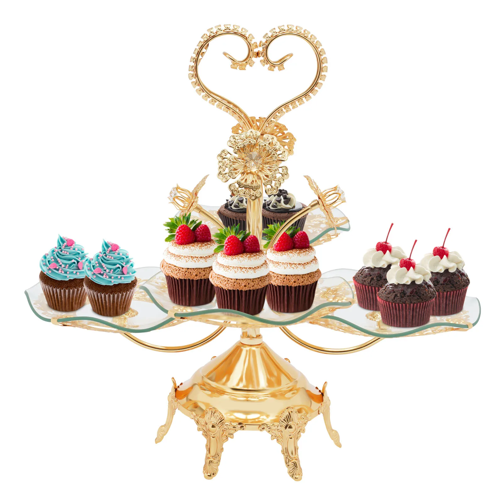 Cake Stands , Gold Fruit Bowl Tray Holder Dessert Stand Cake Plate with Round Glass Plate & Stainless Steel Holder