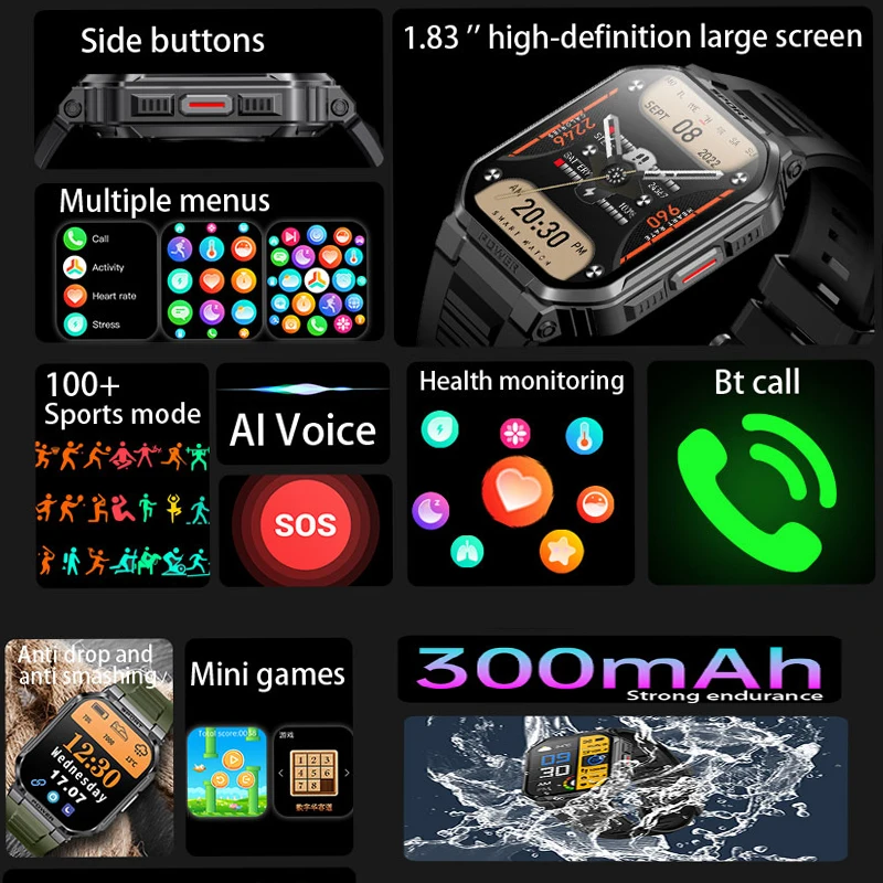 Reloj Inteligente de Grado Militar 2026, 1.83 Pulgadas, Llamadas Bluetooth, Monitor de Frecuencia Cardíaca, Monitoreo de Salud, IP68, GPS, Seguimiento de Trayectoria