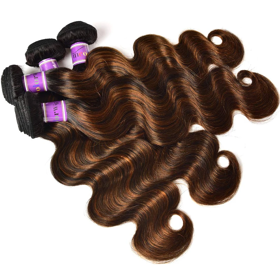 Brown Highlight Body Wave Human Hair Weave Bundles Deal Brazilian Virgin Hair Ombre Blonde Human Hair Wavy Sew in Piano Color 5