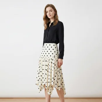 Women's Vintage Polka Dot Asymmetrical Hem Skirt White Black High Waist Drawstring Flowy Casual Midi Skirt Streetwear 1