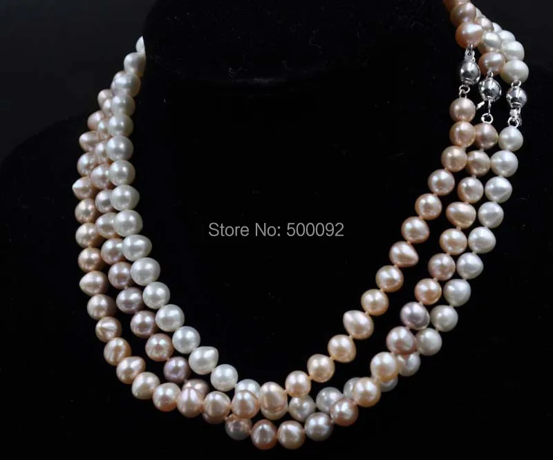 

wholesale 3 strands 7.5-8mm natural color cultured pearl necklace