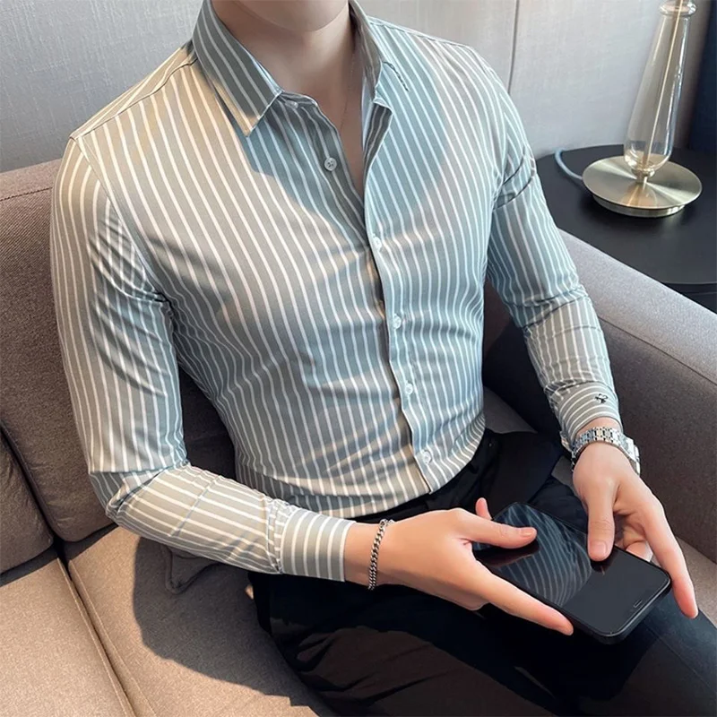 Spring Autumn Striped Printed Embroidery Bottomed Shirt Hombre Long Sleeve Casual Fashion Oversized Blouse Male Cardigan Top Men