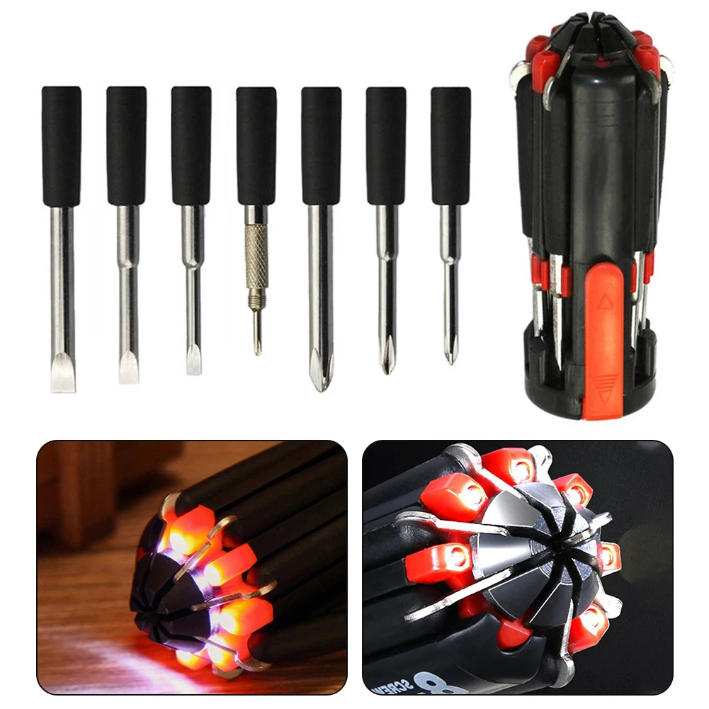 

8 In 1 Cross Screwdriver With LED Torch Flashlight Folding Multitool Repair Tool Manual Multifunctional Screwdriver Hand Tools