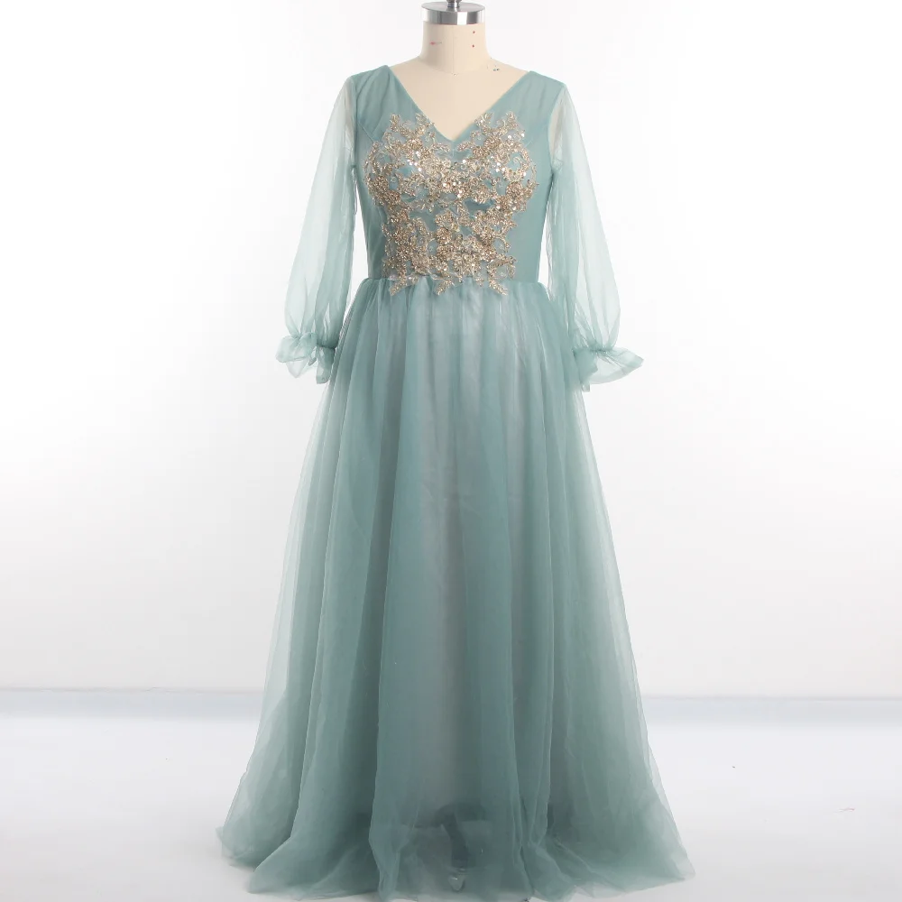 

Evening Dresses Green Beading Full Sleeves V-neck Tulle A-line Floor Length Lace up Plus size Women 2022 Party Formal Dress R019