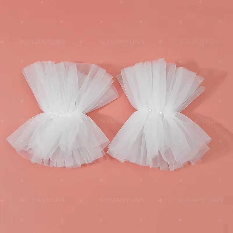 Wedding Cuffs Women Ruffled Pearl Bead Mesh Fake Sleeves Gloves Tulle Detachable Cuffs Party Bride Wristband Gloves