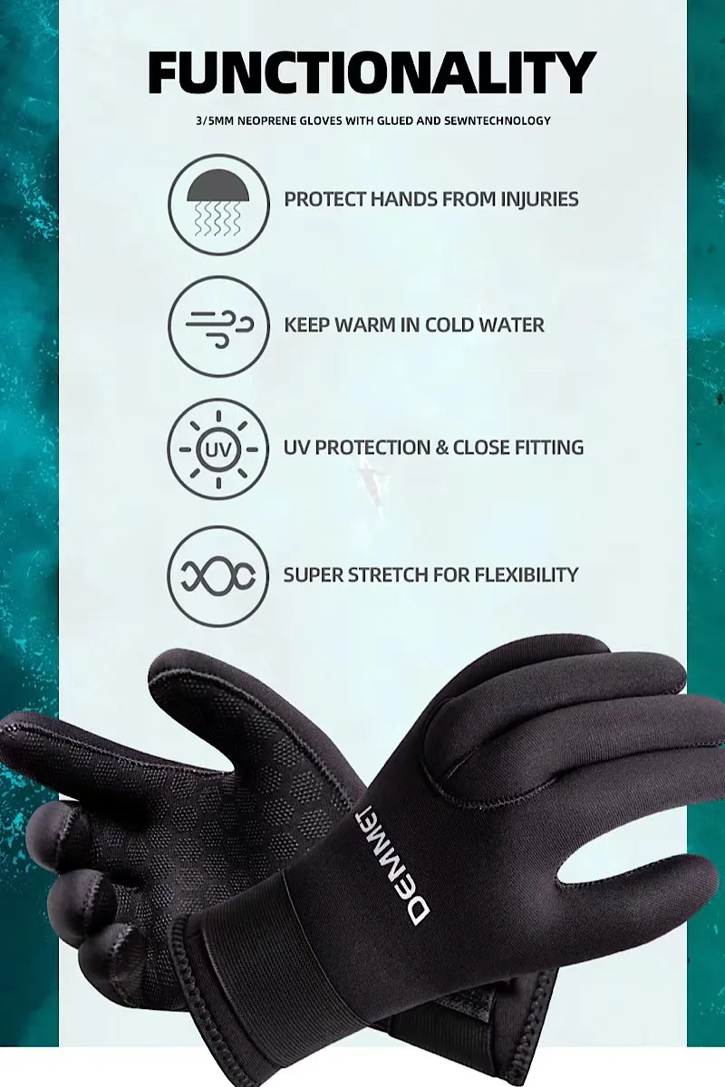 DEMMET Dive Gloves 3/5MM Neoprene Five Finger Warm Wetsuit Winter Gloves for Scuba Diving Snorkeling Surfing 6