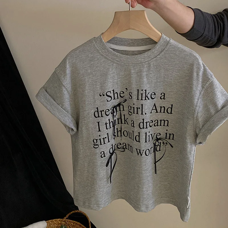 

Children Clothing Kids Casual Top Korean Style 2024 New Fashion Letter Bow T-shirt Sweet All Match Kids Simple Cute T Shirt