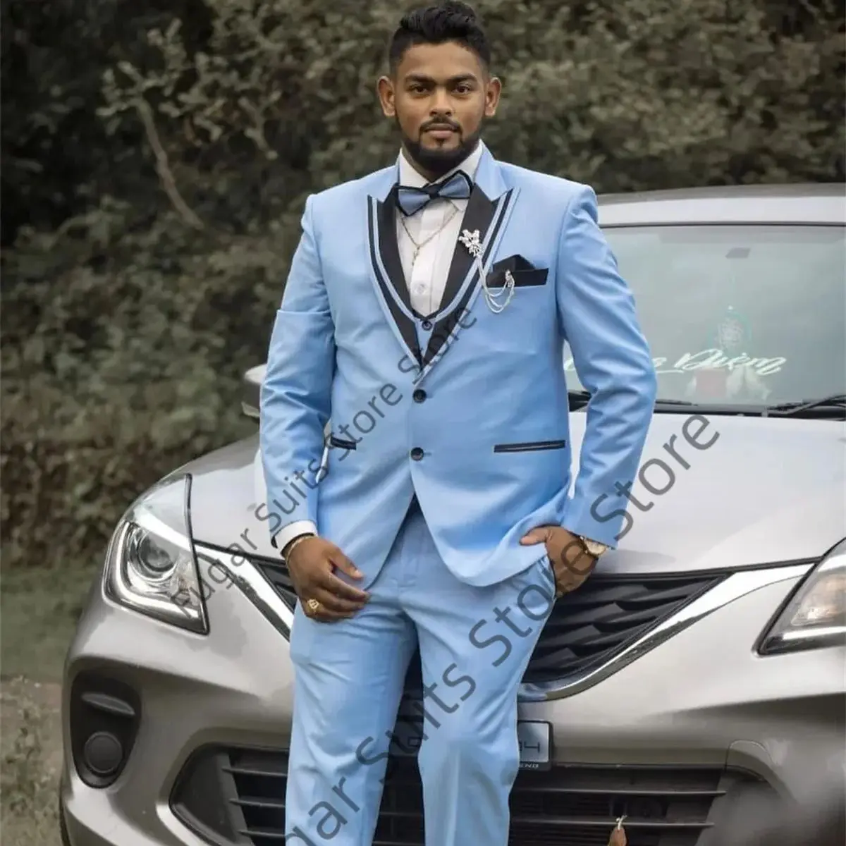 Sky Blue Plus Size Wedding Suits For Men Custom Tuxedos Groom Prom Party 2 Pieces Sets Business Male Blazer (Jacket+Vest+Pants)