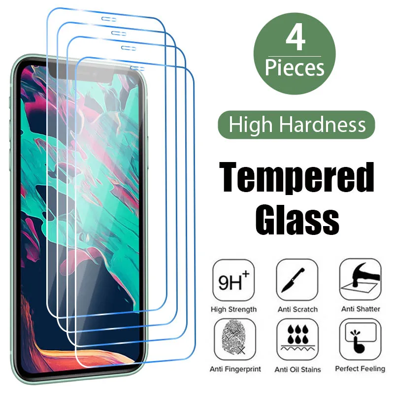 Protecteur d'écran, 4 pièces, en verre trempé pour iPhone 13 12 11 Pro Max mini 7 8 6 6S Plus SE 2020 X XR Xs Max iPhone 14 Pro Max