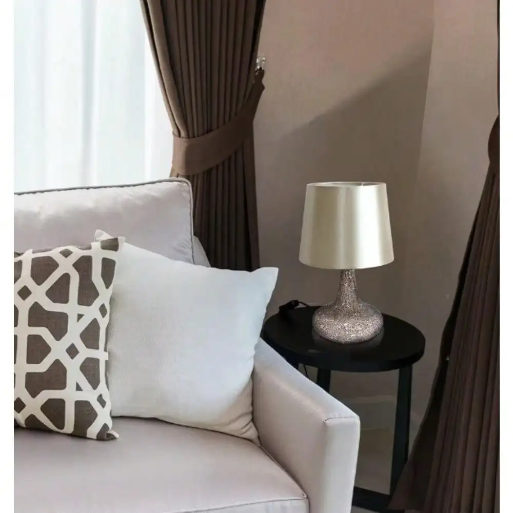 14.17 in. Mosaic Tiled Glass Genie Table Lamp with Satin Look Fabric Shade for Night Stands, Living Room, Office