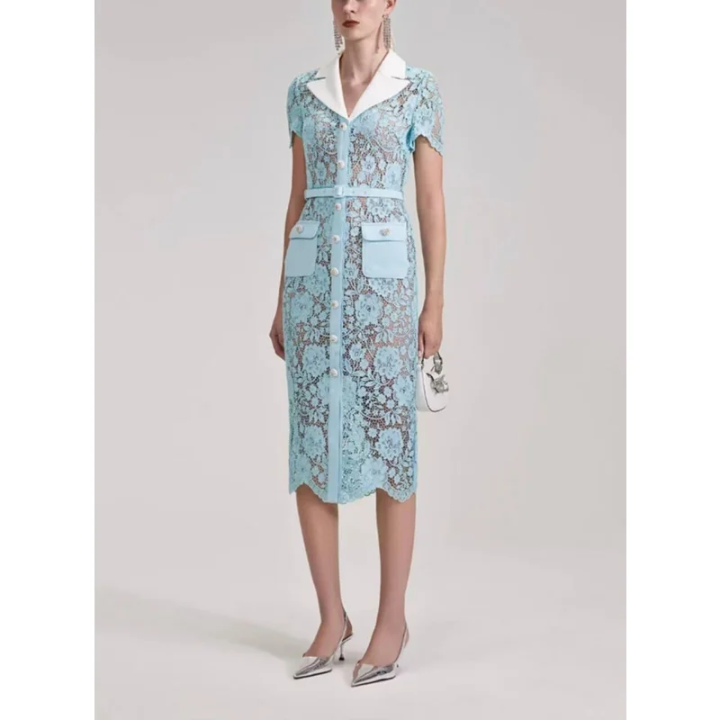 

2023 Spring Summer Top Quality Luxury Blue Floral Lace White Notched Petal Sleeve Belt Women Fashion Midi Dress