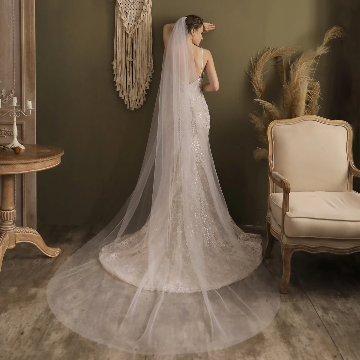 V828 Simple Style One Layer Soft Tulle Bridal Veils Accessories Cut edge Cathedral Long Wedding Veil
