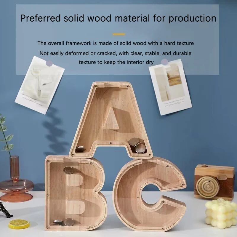 Twenty-six English Alphabet Moneybox Coin Money Piggy Bank Wooden Letter Saving Box Desktop Ornament Home Decor wooden piggy bank