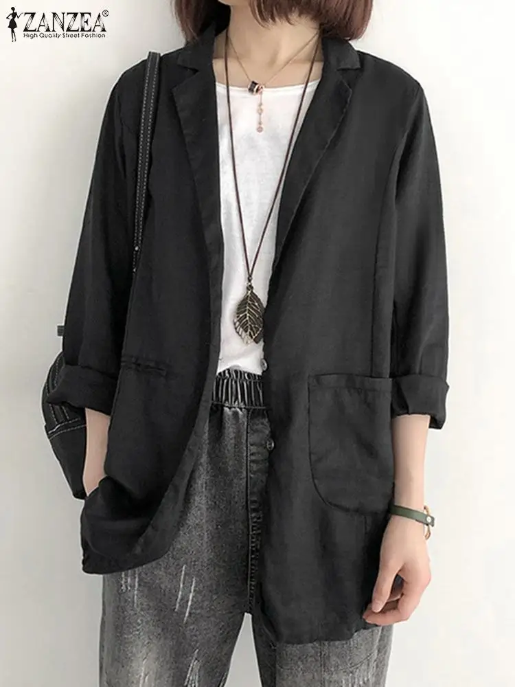 

ZANZEA Women Fashion Blazer 2023 Autumn Long Sleeve Holiday Jacket Casual Loose Cotton Linen Coats Retro Solid Pocket Outerwear