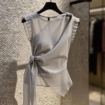 Abbigliamento Donna: Camicette Estive Senza Maniche con Scollo a O, Tinta Unita, con Laccetti, Trasparenti, alla Moda, Eleganti e di Tendenza