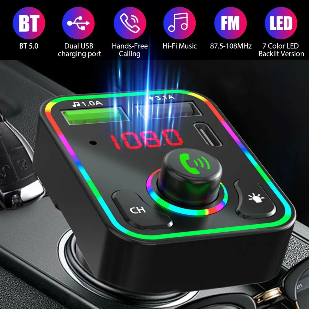 Podofo Car Wireless FM Transmitter Adapter BT 5.0 2 USB Charger Type-C Car Charger FM Transmitter