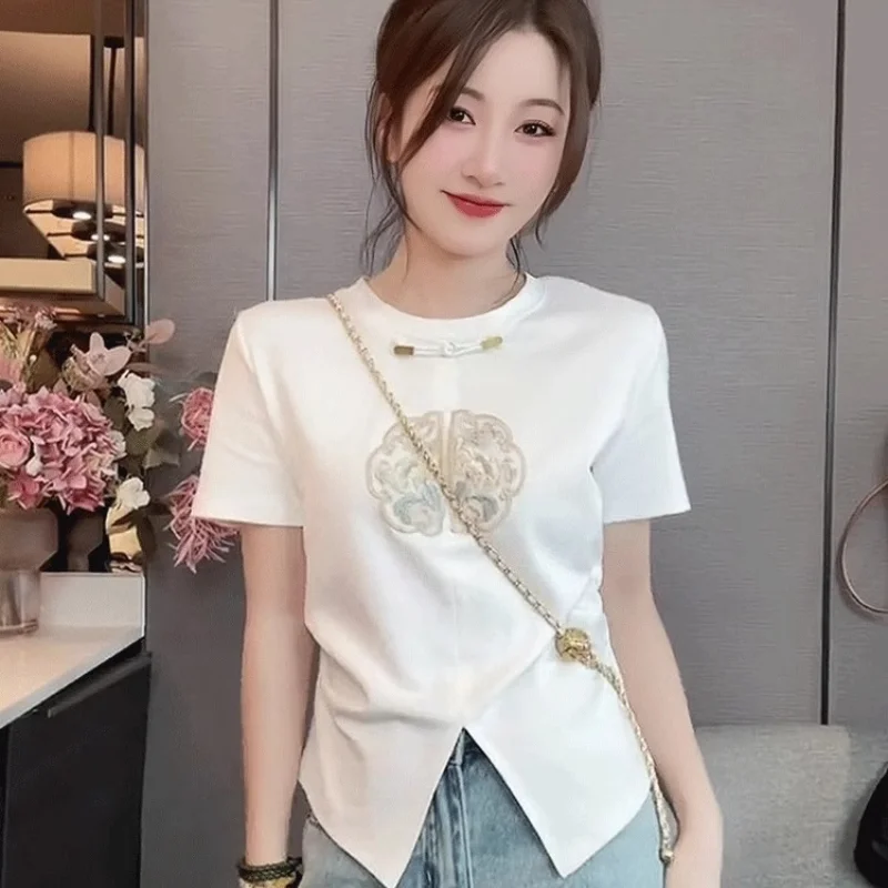 

LKSK New Chinese Style Chinese Style Women's Short Sleeved T-shirt Women's Summer New Irregular Design Unique Short Top
