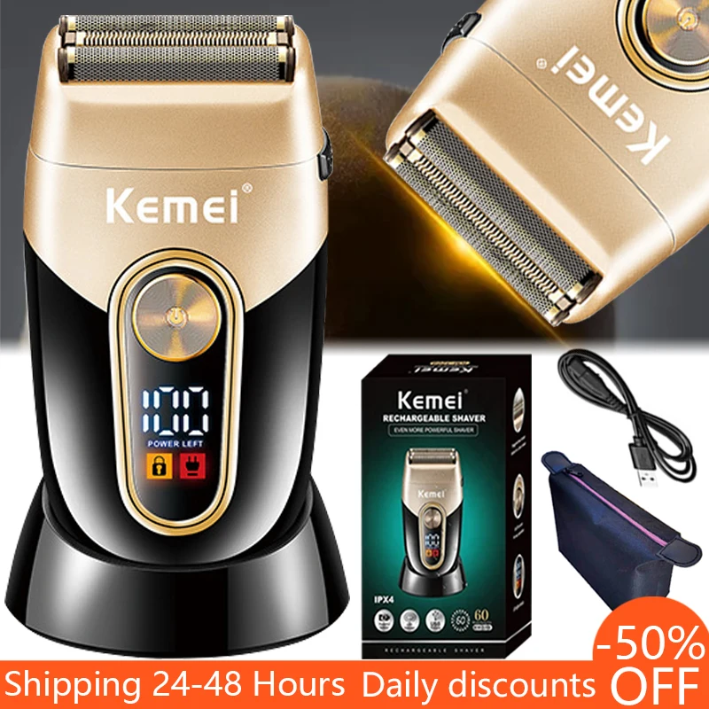 

Kemei Electric Shaver Rechargeable Razor Electric Beard Trimmer for Men Washable Stubble USB Balds Shaving Machine LCD Display