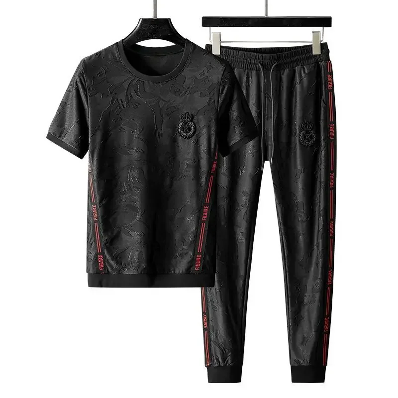 Embroidered High-quality Fashion Men’s Casual Sports Suit, Long-sleeved Trousers and Fleece Hoodie , Short-sleeved Trousers Sets 2