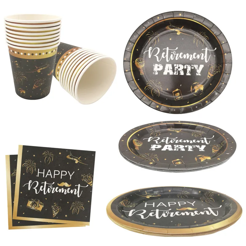 8PcsHappyRetirementPaperPlatesCupsNapkinsDisposableTablewareWomenMenRetirementParty