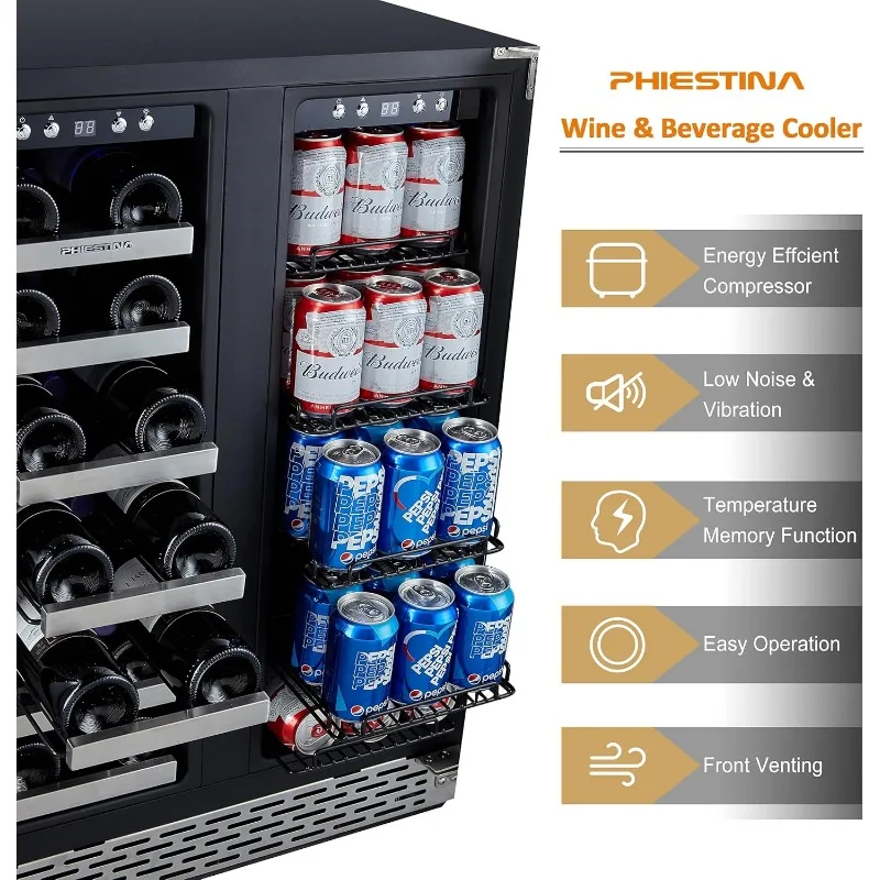 Phiestina Wine Beverage Refrigerator,24’’ Wine Cooler- 20 Bottles&78 Cans,Built-in/Freestanding Dual Zone Wine Fridge Glass Door 5