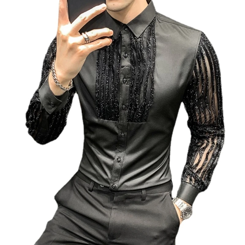 Streetwear Social Lace Hollow Shirts for Men Long Sleeve Slim Fit Party Blouse Camisas Masculinas Club Korean Men Clothes