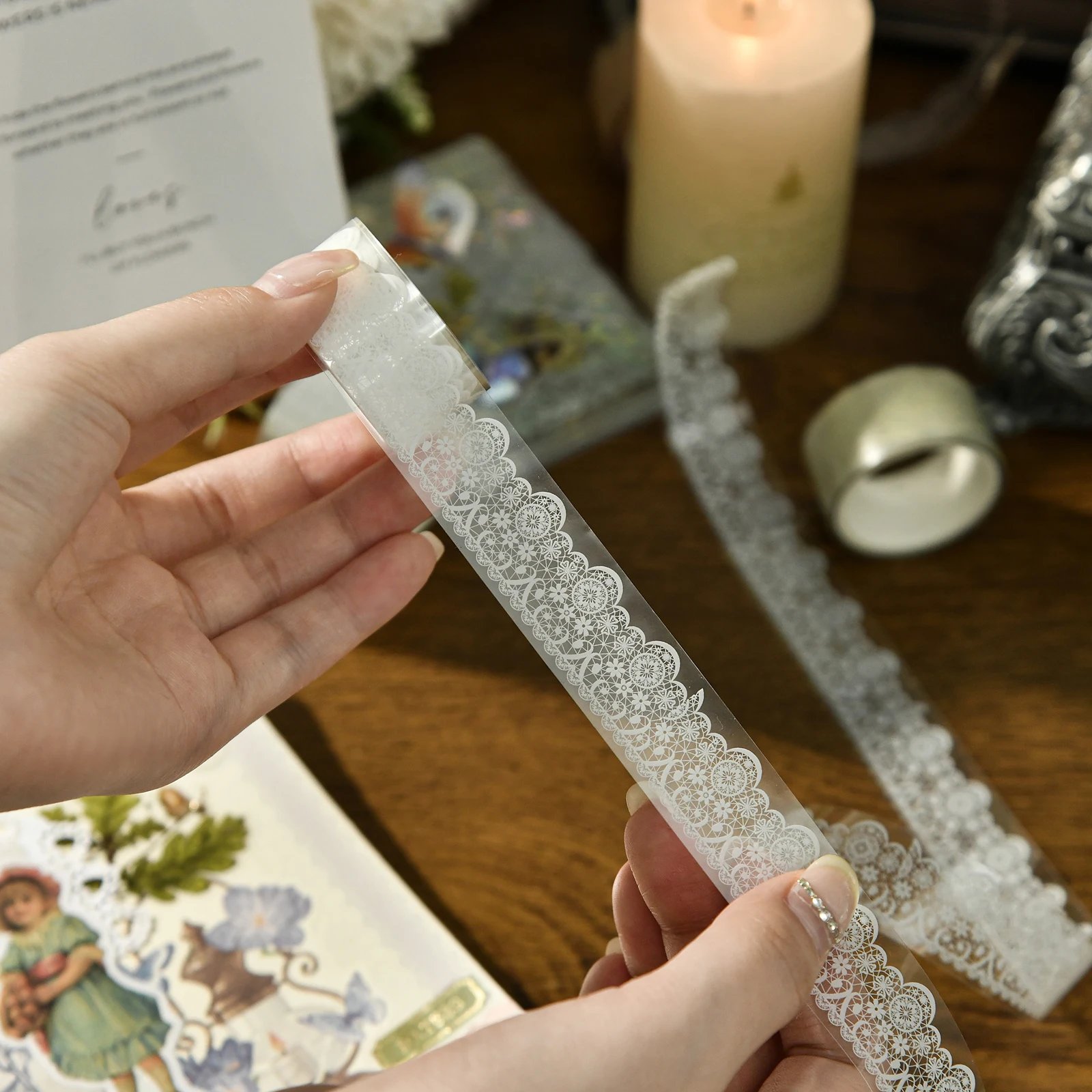 6pcs Floaty Lace PET Tapes Set Transparent Flower Adhesive Masking Tape Decoration Stickers Diary DIY Art A7574 6