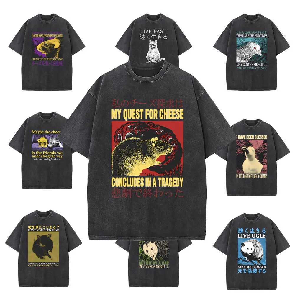 

Washed Vintage My Quest for Cheese Concludes in A Tragedy Funny Meme Japanese Rat Graphic Tshirt Men Women Oversized T Shirts