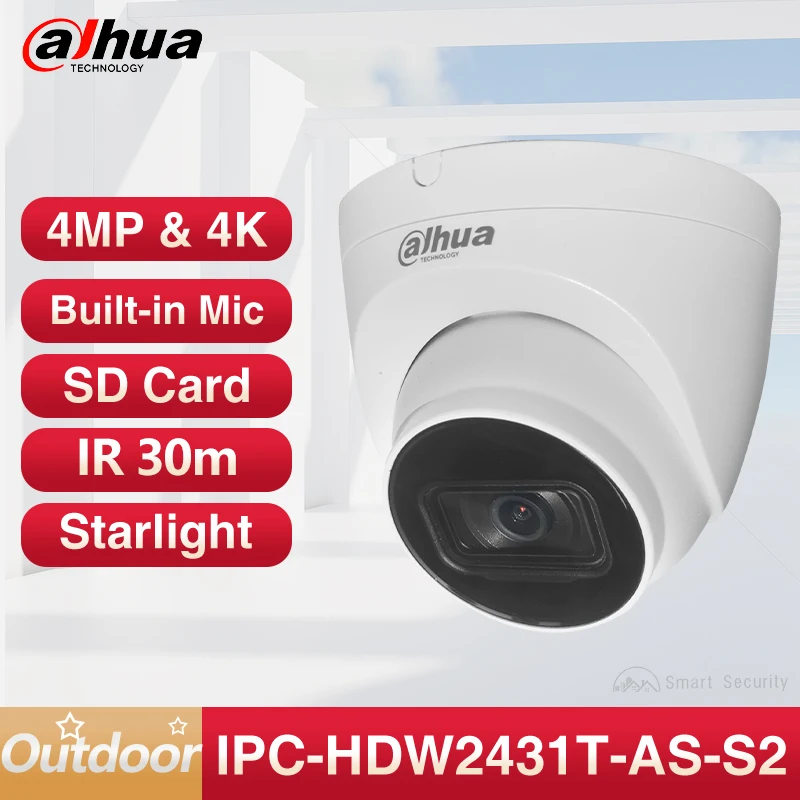 Dahua 4MP 4K Smart Home Outdoor IP Camera 8MP Microphone CCTV Night Vision 30m SD Card PoE Starlight Security IPC-HDW2431T-AS-S2