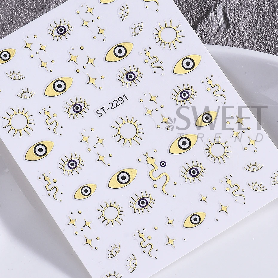 2pcs Blue Gold Evil Eyes Nail Art Stickers 3D Metal Snake Sun Star Line Sliders Design Halloween Nail Decals Manicure Decoration
