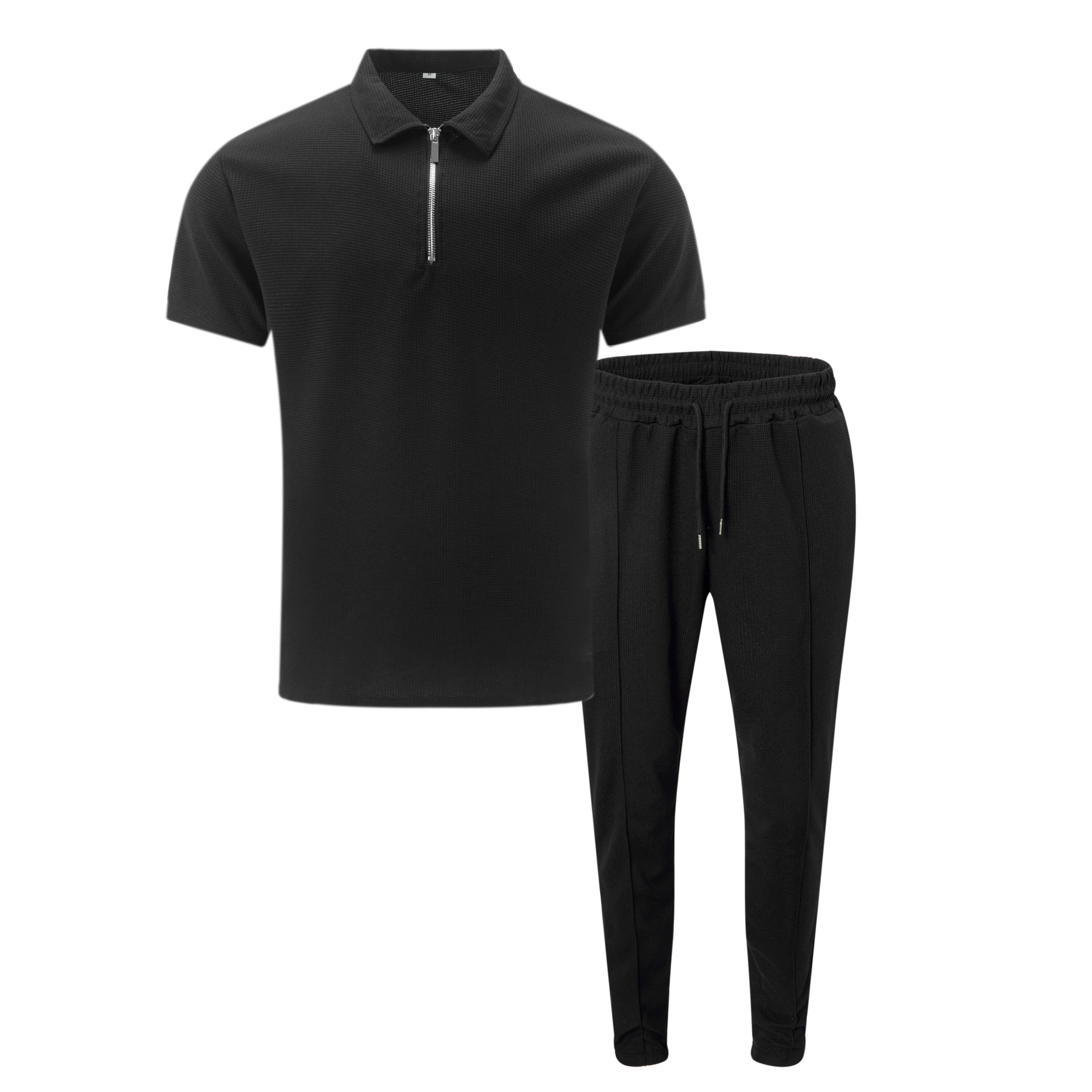 Men's casual Business Waffle fabric short sleeve zipper polo top and drawstring waffle pants suit