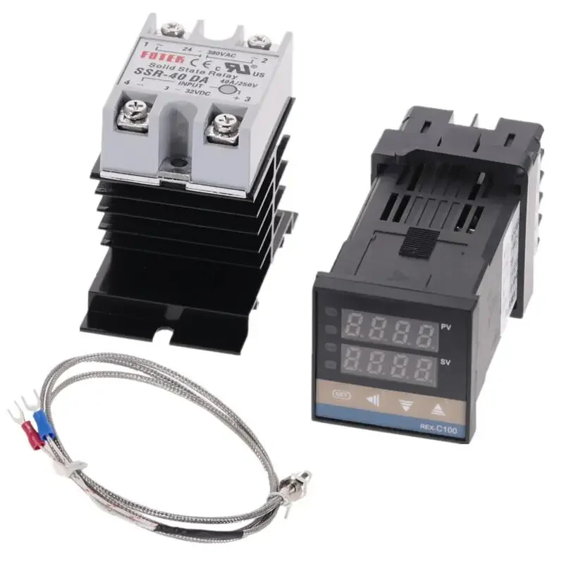 PID REX-C100 온도 컨트롤러 범위, 100-240VAC, 0-900C SSR40A K 열전대, PID 컨트롤러 세트 및 방열판