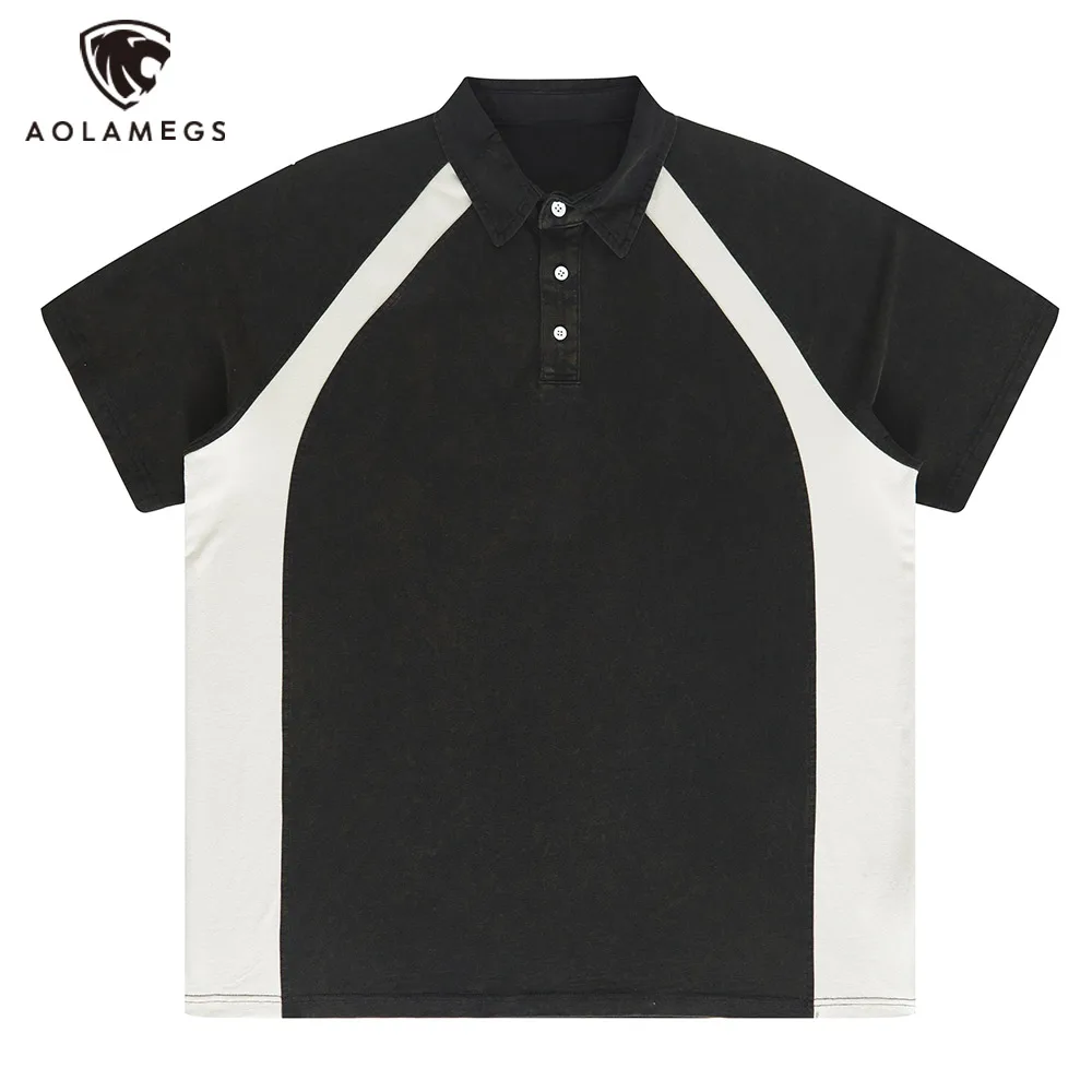

Vintage Washed Clothes For Men Polo Tshirts Splicing Graphic Print Simple Tshirt Summer Casual High Street Couple Streetwear