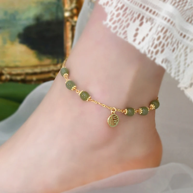 

Mosan 14K Plated Gold Natural Hetian Jade Anklet Adjustable for Women New Fashion Jewelry