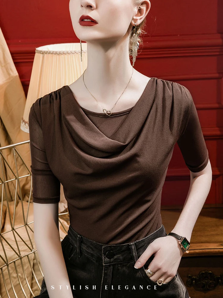 

Tuohe Mesh T-shirt Top Women's Half Sleeve Slim Autumn New Mid Sleeve Pleated Bottom Shirt Fashion Woman Blouse 2023