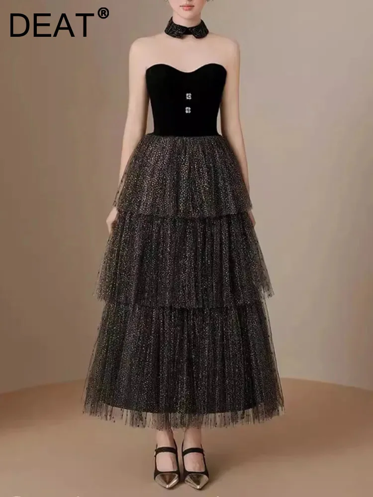 

DEAT 2024 Summer Strapless Patchwork Gauze Women's Dress Fashion Buttons High Waist Evening Party Dresses Female New 35Z510