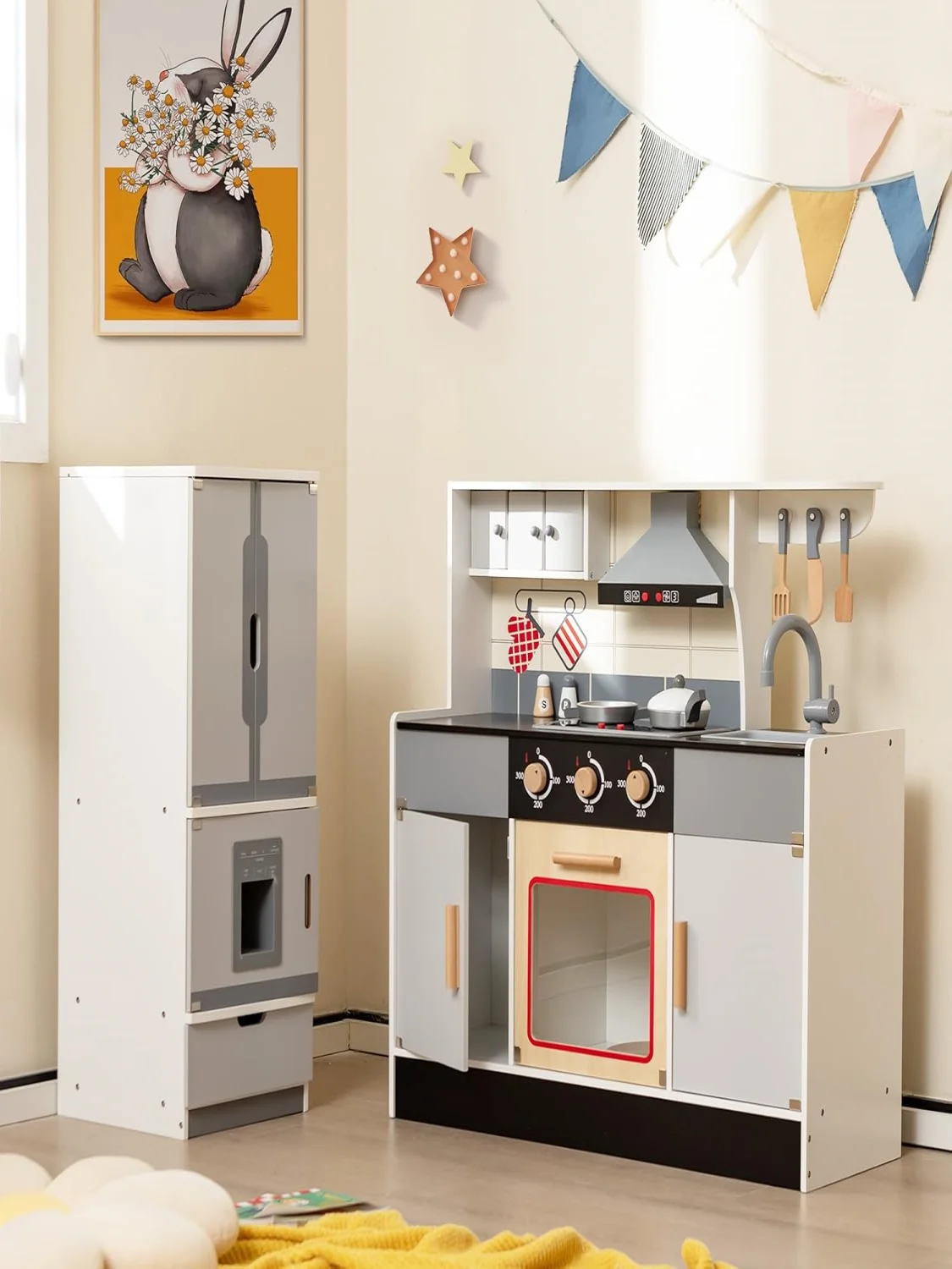 Kinder küche mit trennbarem Kühlschrank, Holz spiel küche, Spielzeug küche für Kinder ab 3 Jahren – Detail 1