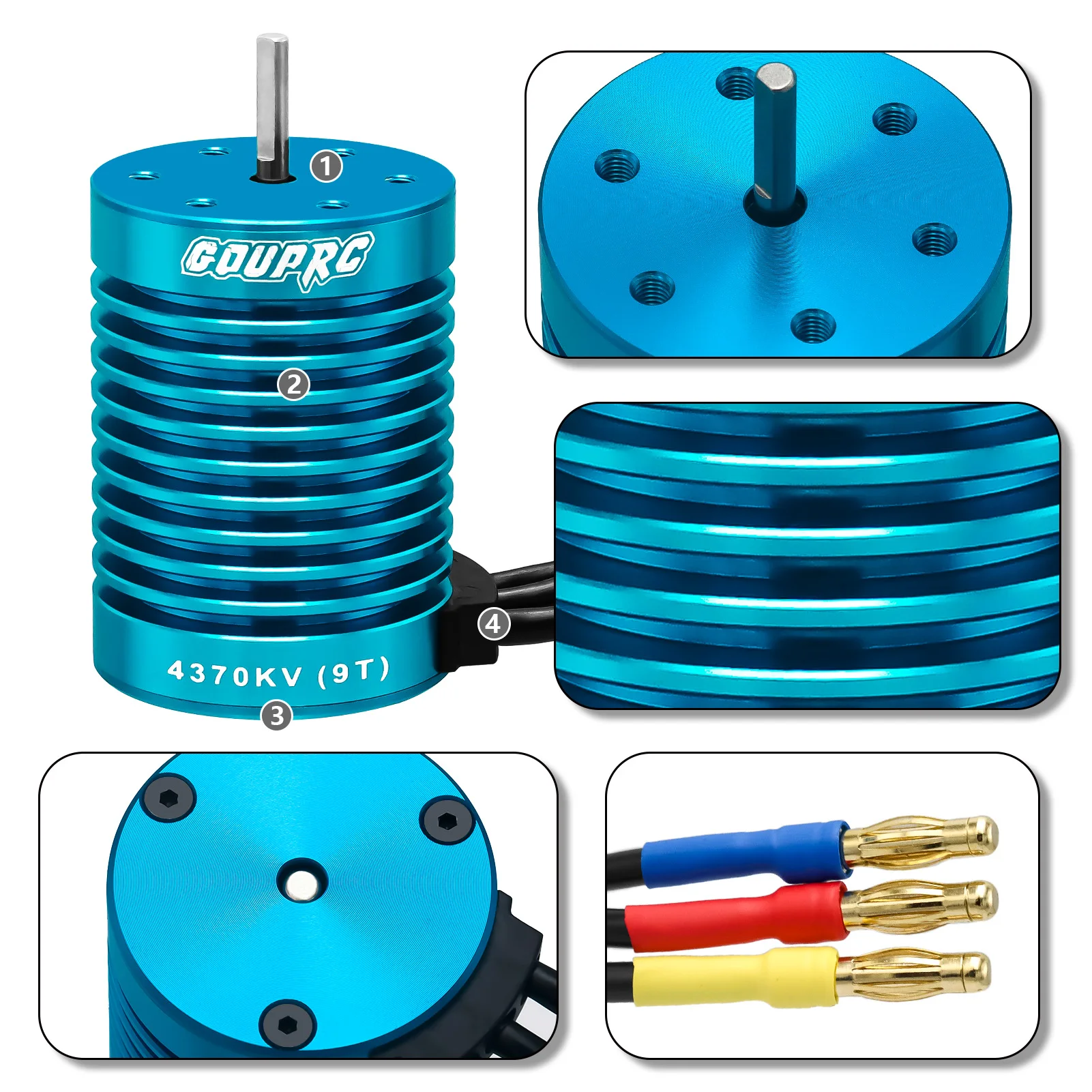 Angle arrière du moteur brushless 3650 4370KV 9T, affichant les câbles de sortie et le support de montage.